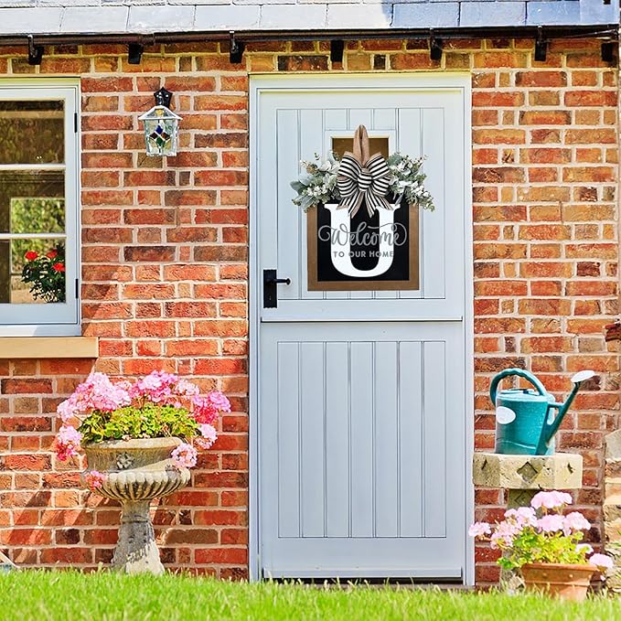 Last Name All Year Wreath, for Front Doors, Spring, Fall, 26 Last Name Letters All Year Round Wreaths, Suitable for Wedding Decorations, Home Porches, Farmhouses, Yards, Garden Decorations, Gifts (U)