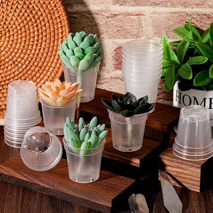 Yaomiao 200 Pcs 2 Inch Clear Mini Plastic Plant Pot Nursery Seedling Pots Seed Starter with Drainage Holes for Indoor Outdoor Garden Succulent Plants Cuttings Transplanting