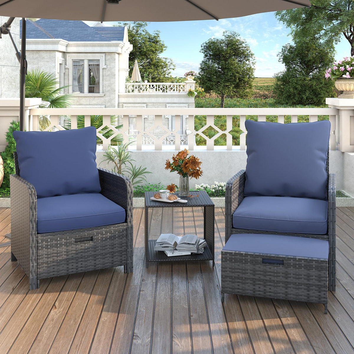 UDPATIO Wicker Patio Chairs with Ottoman Balcony Furniture 5 Pieces Patio Conversation Set for Small Space
