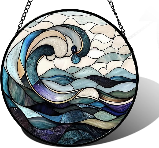 DASTOLL Stained Glass Window Hanging, Ocean Waves Sun Catchers Diamond Glass Panel Hangings Abstract Suncatcher Decor for Birthday for Women, Men, Wife, Aunt, and Mom 7.8 in