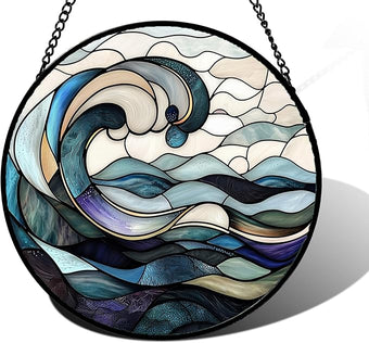 DASTOLL Stained Glass Window Hanging, Ocean Waves Sun Catchers Diamond Glass Panel Hangings Abstract Suncatcher Decor for Birthday for Women, Men, Wife, Aunt, and Mom 7.8 in