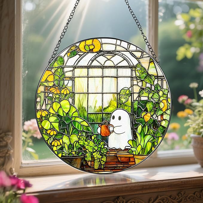 LAOWEIKI 8'' Halloween Ghost Greenhouse Sun Catcher Ornament, Stained Glass Window Hanging, Sun Catchers for Windows Hanging Ornaments, Window Decor, Holiday Present, Ideal Gift | Plant Lovers Gifts