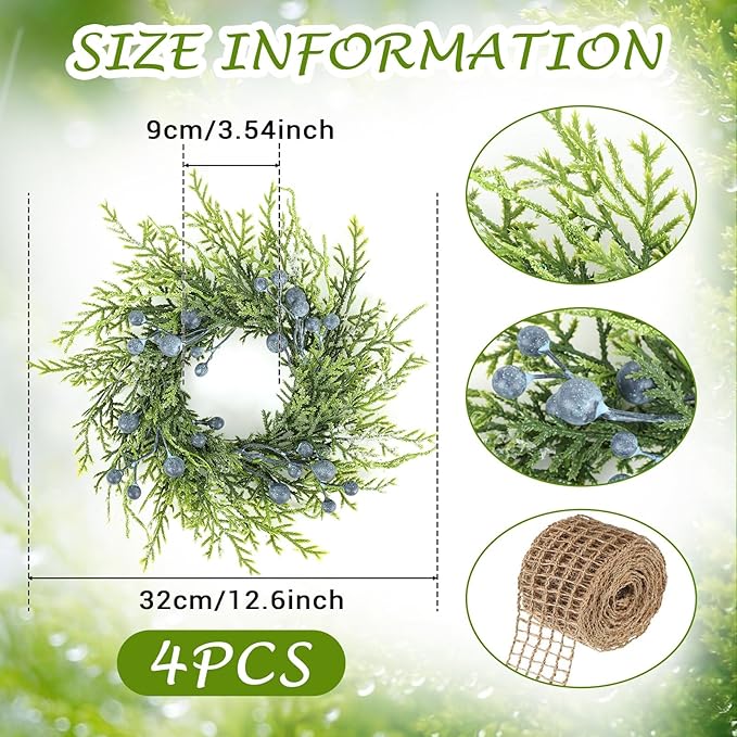 4 PCS Small Winter Blue Berry Cabinet Wreath Artificial Mini Kitchen Wreaths Vintage Swags Wreath with Retro Burlap Ribbon for Farmhouse Rustic Home Front Door Window Pillar Wedding Chair Wall