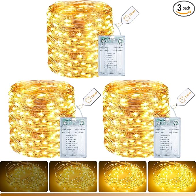 litogo 3 Pack Fairy Lights Battery Operated with Timer, 33FT 100LED USB-C Twinkle String Lights - 8 Modes Dimmable for Indoor Bedroom Centerpiece Wedding Classroom Dorm Christmas Decorations