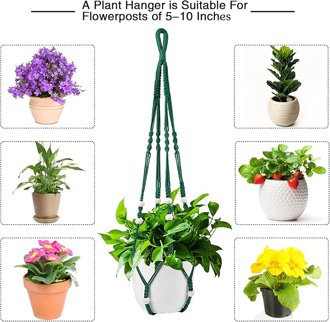 Augshy Macrame Plant Hangers Dark Green Hanging Planters for Indoor Outdoor Home Decor, Hanging Plant Holder No Tassels Set of 2 with 4 Hooks