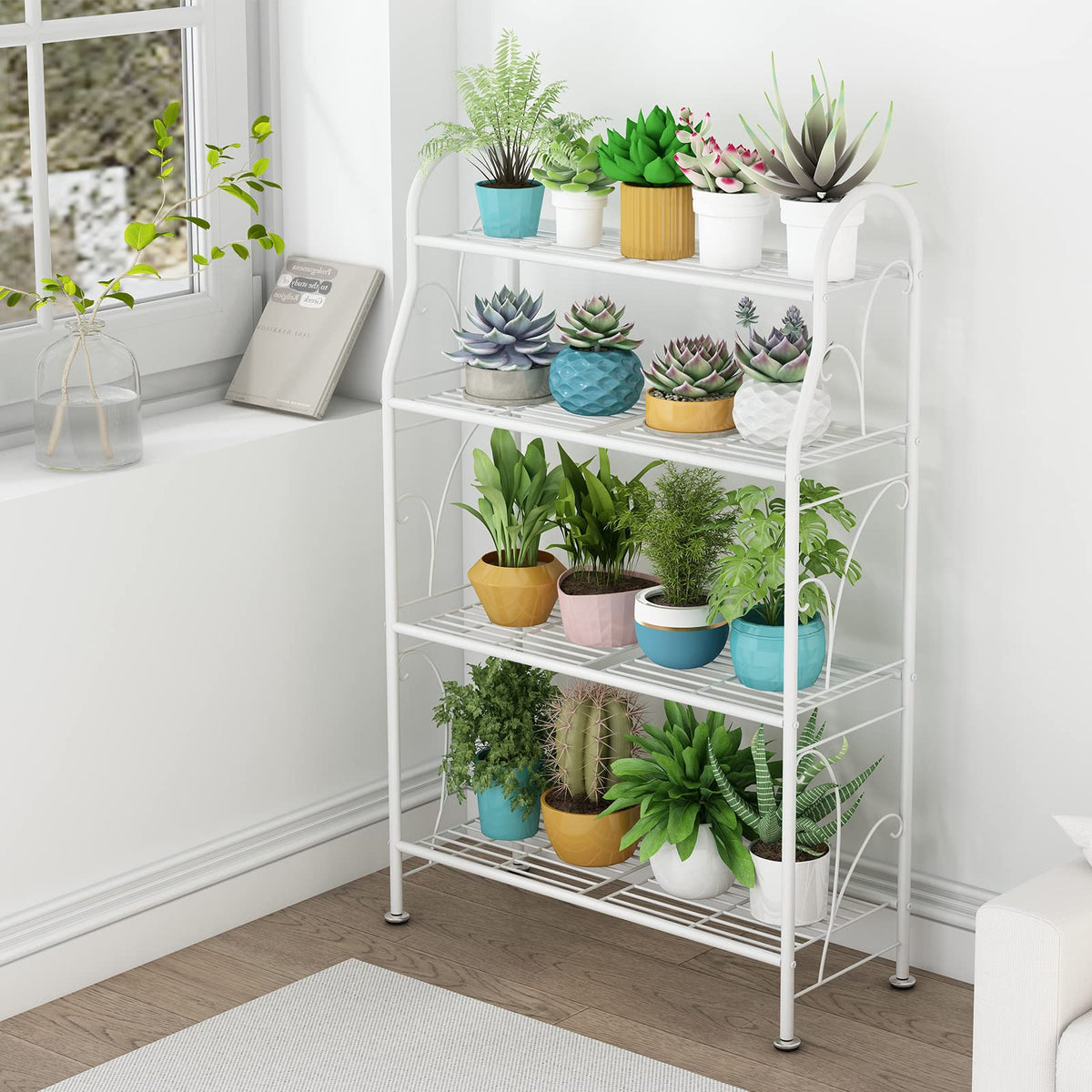 SORCEDAS 4 Tier Metal Plant Stand Indoor Outdoor Corner Flower Shelf