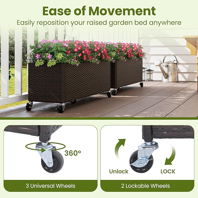 HAPPYGRILL Raised Garden Bed, All-Weather PE Rattan Elevated Planter Box w/Lockable Wheels, Liner for Growing Vegetables Flowers Herbs, Indoor Outdoor Wicker Rolling Gardening Box for Yard Patio (2)
