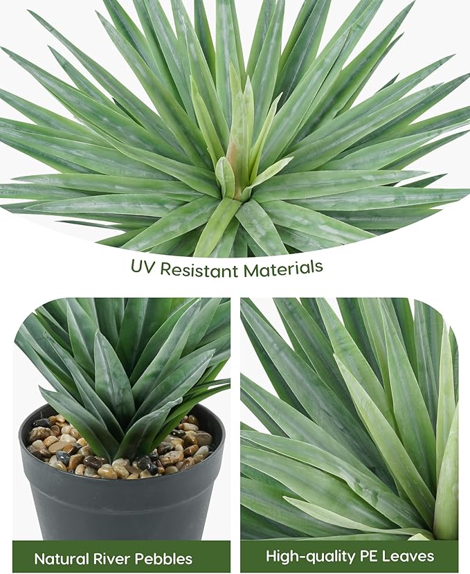 Velener Artificial Agave Plant in Black Pot with Real Stone Pebbles, Large Fake Agave Plant for Indoor and Outdoor-27 inches Tall, 126 Leaves