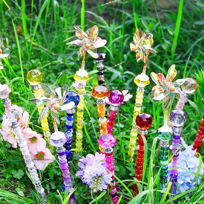 101 PCS Beaded Garden Stakes Kit, DIY Fairy Wand Garden Stake Beads Kits with Purple Large Hole Beads 4 Crystal Stopper Top Threaded Rods and 2 Colored Small Windmills for Outdoor Indoor Decor