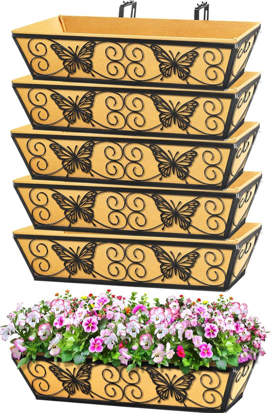 Karlliu 6 Pack 24 Inch Window Boxes Planters Railing Planter Box with Adjustable Brackets for Porch Fence Patio Balcony Hanging Flower Baskets with Woven Fabric for Outdoor Garden Decor - Black