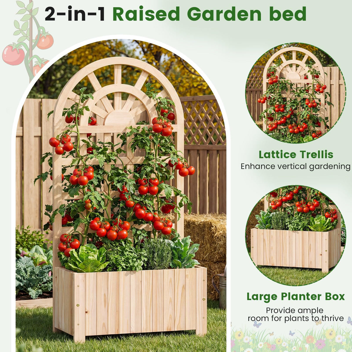 Happygrill Wooden Raised Garden Bed with Trellis & Privacy Screen