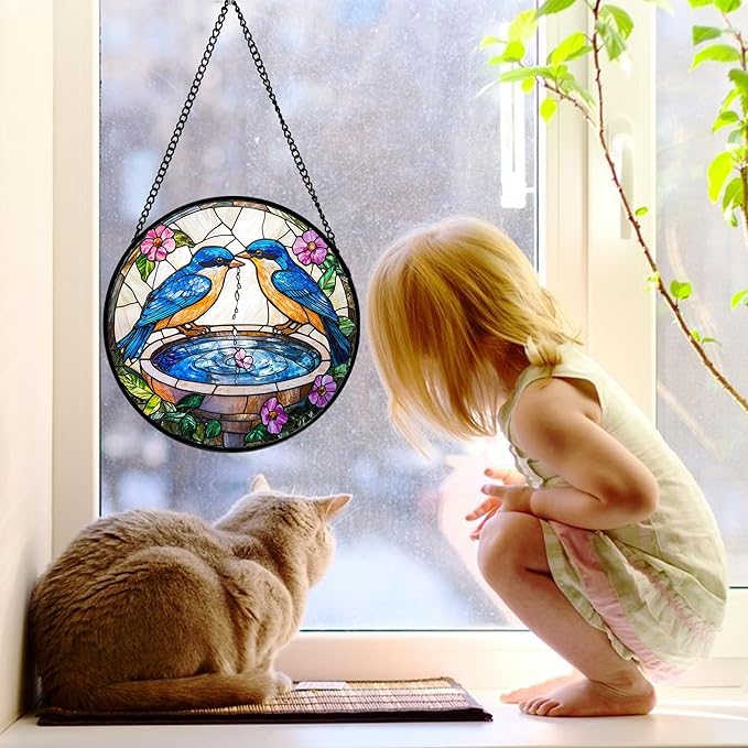 Stained Glass Window Hanging, 2 Blue Birds Suncatcher Diamond Glass Panel Hangings Bird Lover Sun Catchers Decor for Birthday for Women, Men, Wife, Aunt, and Mom 7.8 in