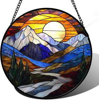 Stained Glass Window Hanging, Yellow Blue Sunset Mountains Scenery Sun Catcher for Window Home Decor Landscape Suncatcher Mother's Day Birthday Gifts for Women Men Mom and Nana 15 in