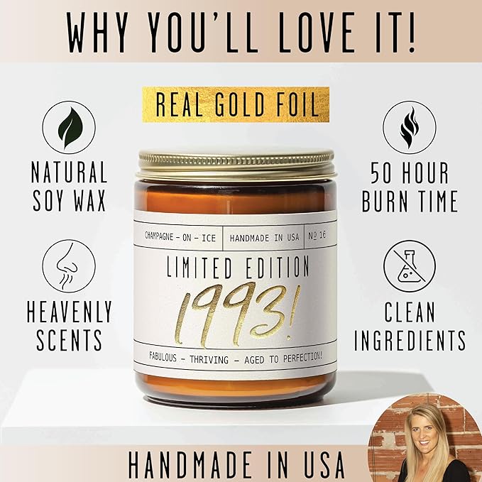 33rd Birthday Gifts for Women - 'Limited Edition 1993' Soy Candle, w/Champagne on Ice I 33 Birthday Gift for Her Ideas I 9oz Reusable Jar, 50Hr Burn, Made in USA