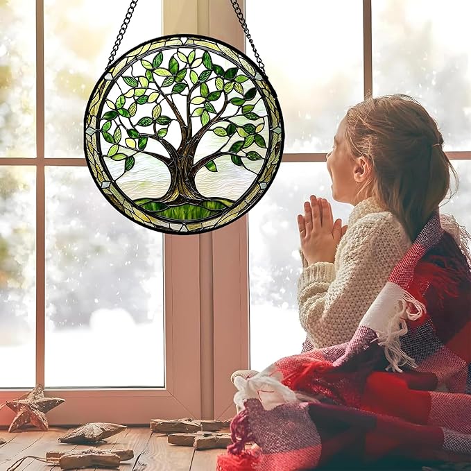 AMDERVEN Stained Glass Window Hanging - Brown Tree Trunk Green Leaves Sun Catcher for Door Garden Home Decor Plant Suncatcher Christmas Mother's Day Birthday Gifts for Women Men Mom Nana 6.3 in