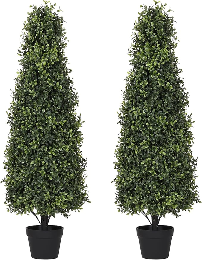 Azoco 4ft Artificial Boxwood Topiary Trees (Set of 2) - UV Resistant Faux Plants Outdoor, Realistic 48in Fake Potted Bushes and Shrubs for Front Porch, Planter, Patio - Low Maintenance & Evergreen