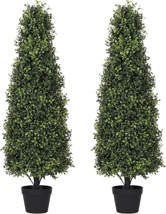 Azoco 4ft Artificial Boxwood Topiary Trees (Set of 2) - UV Resistant Faux Plants Outdoor, Realistic 48in Fake Potted Bushes and Shrubs for Front Porch, Planter, Patio - Low Maintenance & Evergreen