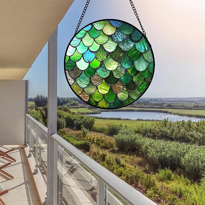 QZQCBLC Stained Glass Window Hanging Green Abstract Texture 9.8" - Marine Suncatcher Door Garden Sun Catcher Home Decor Birthday Christmas for Mom Men Woman Wife Friend