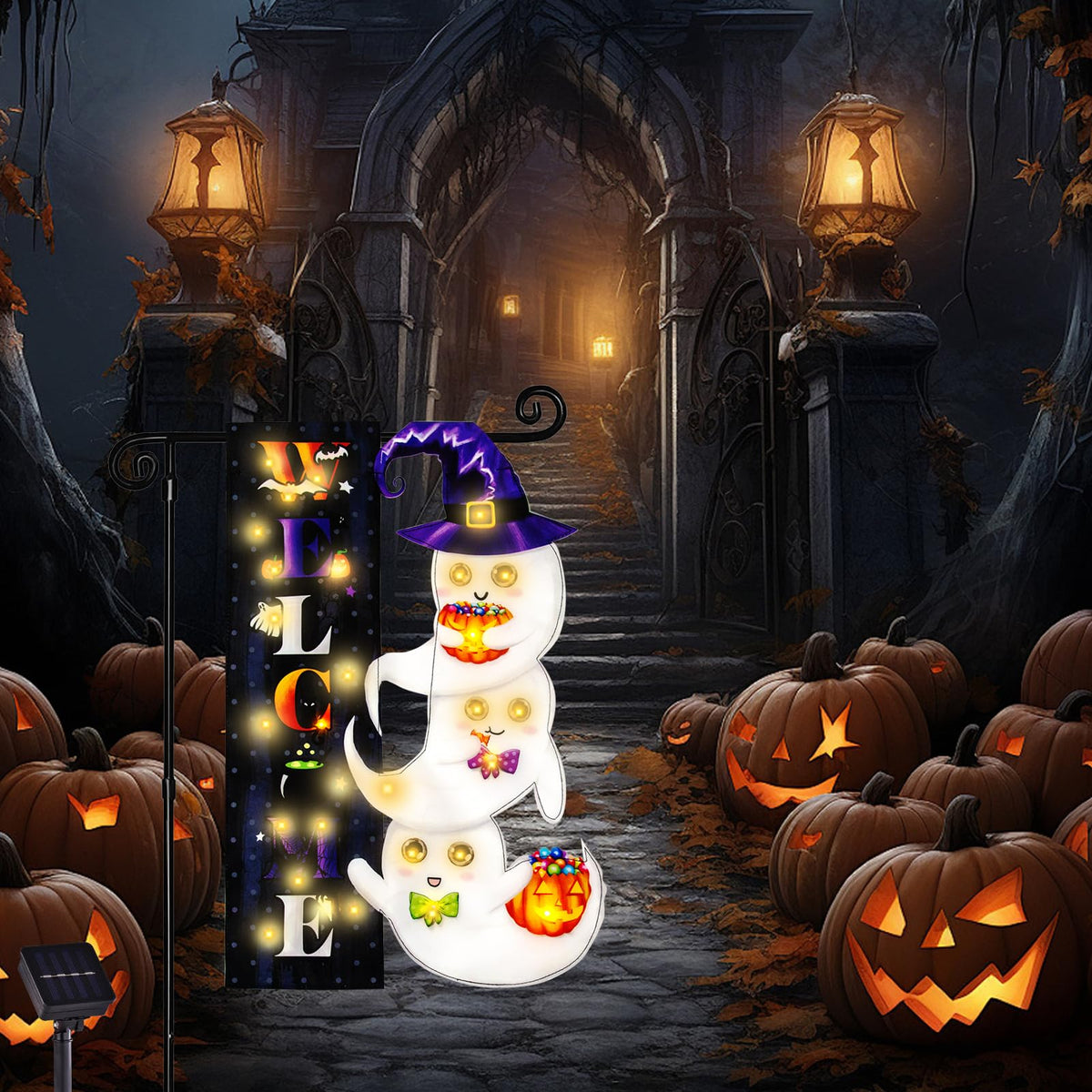 FLAGMESAGE Halloween Lighted Garden Flag, Ghost Yard Decor, 12x18 In