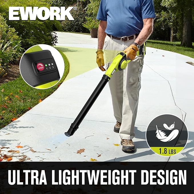 EWORK Small Leaf Blower Cordless 21V Mini Leaf Blower 130CFM/200MPH with Battery and Fast Charger, Lightweight Electric Leaf Blowers, Compact Blower for Jobsite, Patio Cleaning, Lawn Care