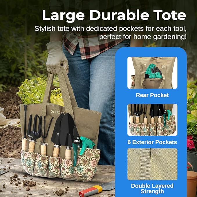 Scuddles Heavy Duty Garden Tool Set with Tote Bag – Stainless Steel Gardening Hand Tools with Non-Slip Rubber Handles, Gloves with Claws, and Organizer Storage Bag for Planting, Pruning & Weeding