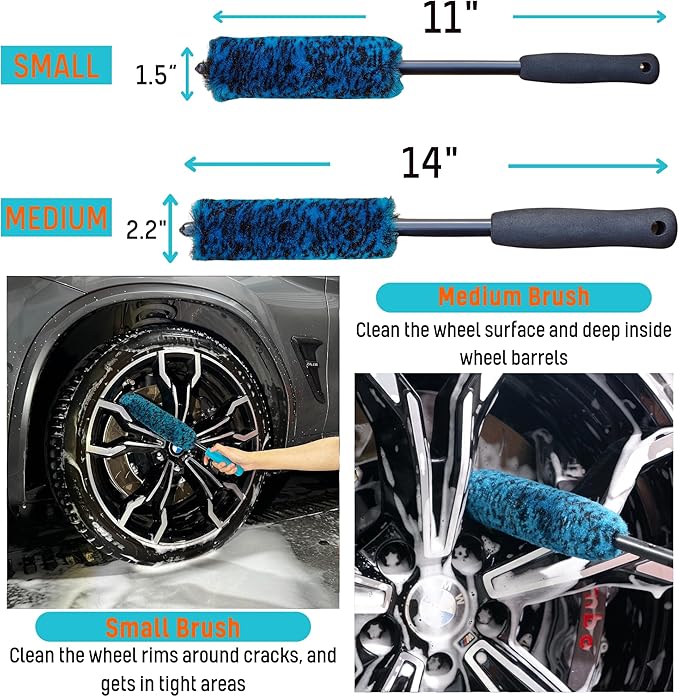 7PCS Car Wheel Rims Detail Cleaning PRO Wash Kit, Wheel Wash Mitt, Tire Brush, 2PCS Soft Woolies Wheels Brush, Detailing Brush, and Tire Dressing Pads, Microfiber Dry Towel Scratch-Free Cleaning