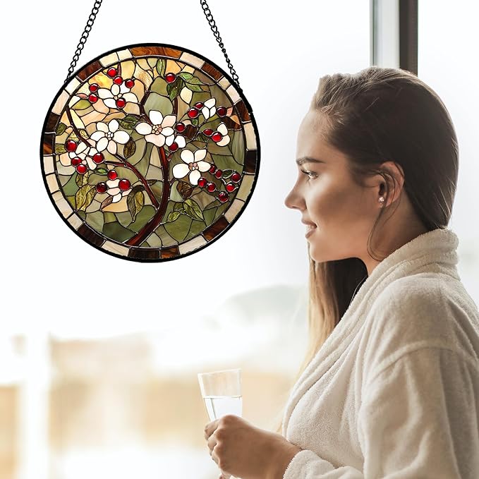CRIS GIF Stained Glass Window Hanging - Hawthorn Tree Birth Flowers Suncatcher for Doors Garden Patio Sun Catchers Decor Christmas Mother's Day Birthday Gifts for Women Men Mom Nana Friend 15 in