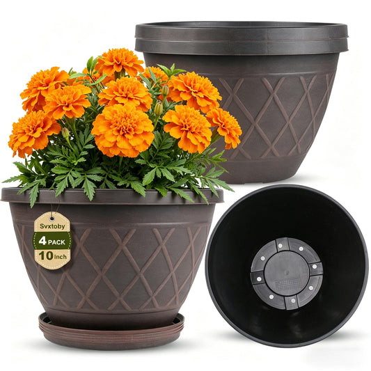 4 Pack 10 Inch Plant Pot, Planter Pots with Drainage Holes & Saucers