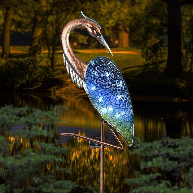 TERESA'S COLLECTIONS Blue Heron Outdoor Solar Lights for Garde Decor, Metal Yard Decorations Outdoor Decorative Garden Stake for Outside, Yard Art Pathway Lights for Patio Decor 39.3",Gifts for Mom