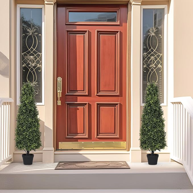 Azoco 4ft Artificial Boxwood Topiary Trees (Set of 2) - UV Resistant Faux Plants Outdoor, Realistic 48in Fake Potted Bushes and Shrubs for Front Porch, Planter, Patio - Low Maintenance & Evergreen