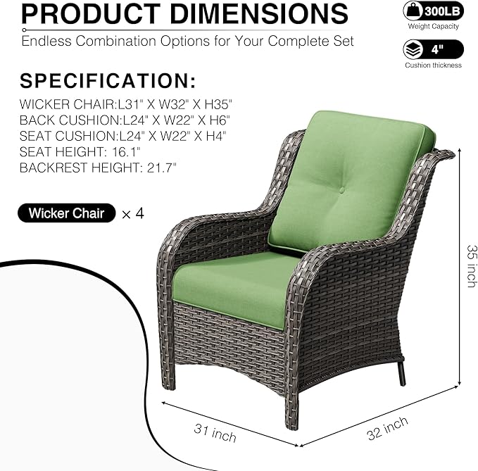 Joyside 4 Piece Wicker Patio Furniture Set, Rattan Patio Chairs with High Back, Deep Seating, Wide Armrest, Thickened Cushions, Outdoor Furniture for Deck, Porch Use