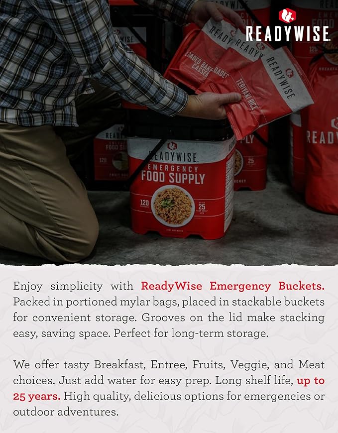 ReadyWise Emergency Food Supply - 100 Servings Favorites Bucket, Protein Meals, Dehydrated & Freeze Dried Survival Food, Backpacking, Camping Essentials & Prepping Supplies, up to 25 Year Shelf Life