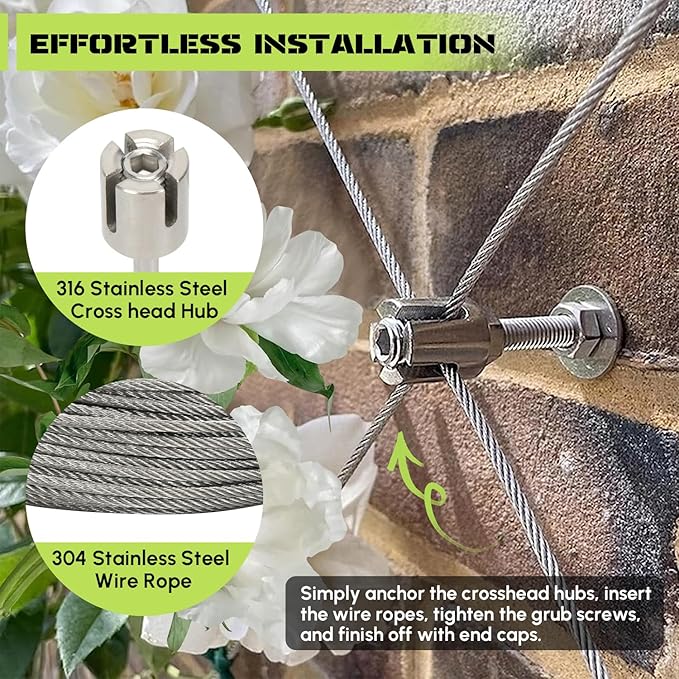 Wire Trellis for Climbing Plants Outdoor, 20-Set Wall Wire Trellis Kit with 1/8" x 98ft Stainless Steel Cable and Cutter, T316 Espalier System for Fence Garden DIY on Brick Concrete Wood Walls