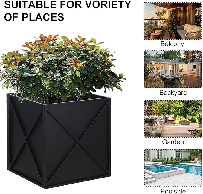 SUNNYPARK Large Metal Planter Box 17”x 17”x 18”, Square Modern Black Metal Planter Box Heavy Duty with Drainage Holes for Outdoor Garden Patio