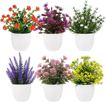 Yoratee Artificial Small Plant 6pcs Fake Flower Potted Plant Bathroom Faux Plant for Indoor Decor Window Tabletop Office Colorful Flower