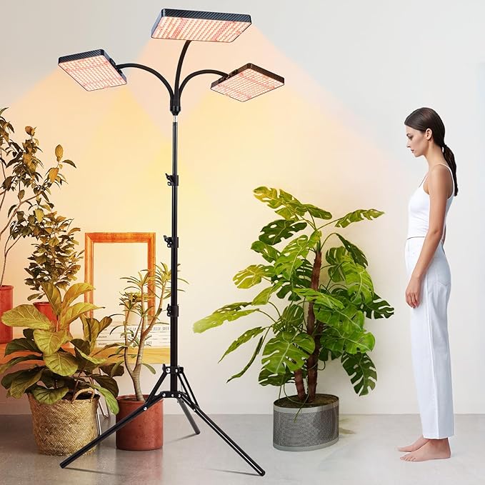 3-Head Grow Light with Stand 75W, FECiDA 2025 Grow Lights for Indoor Plants, Full Spectrum LED Plant Grow Light for Houseplants, Bonsai Tree, 4,8,12,16 Hr Timer and 360° Gooseneck