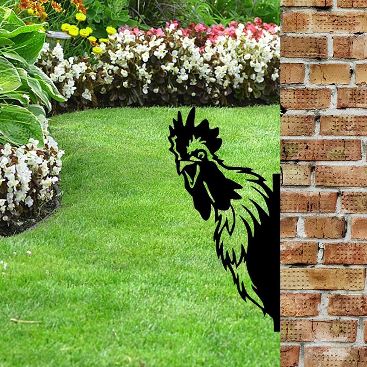 AOOLVY Farm Peeping Chicken Metal Art Outdoor Decor Garden Yard Decoration