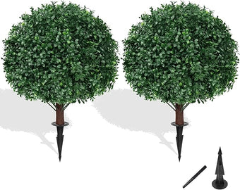Grooy Artificial Boxwood Topiary Ball Tree with Ground Spike, Set of 2 Artificial Shrub Bushes, Fake Evergreen Tree for Porch, Artificial Plants for Outdoor Planters Indoor UV Resistant