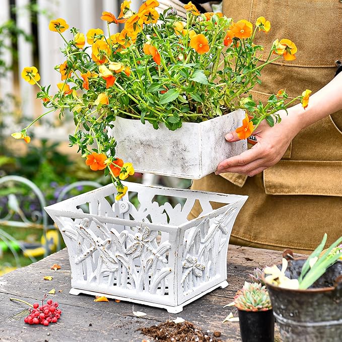 Sungmor Heavy Duty Cast Iron Planter Basket w/Non-Woven Growing Bag, Unique Shape & Beautiful Pattern Design, Hollow Orchid Flower Pot Garden Tools Holder, Rust White French Country Decor Container