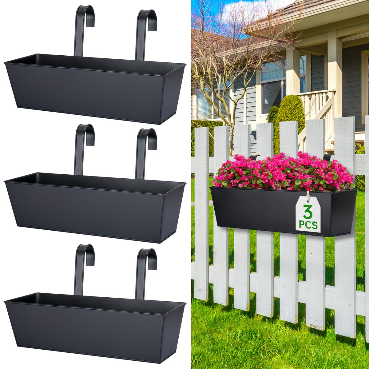 16“ Large Hanging Planters for Outdoor Plants, Railing Planter Box, 3 Pack