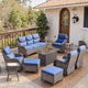 Belord Luxury 6" Thick Cushioned 10 Pieces Patio Furniture Set with Fire Pit Table, Wicker Outdoor Conversation Set with High Back Swivel Rocker Chairs for Deck Porch Yard and Poolside - Brown+Blue