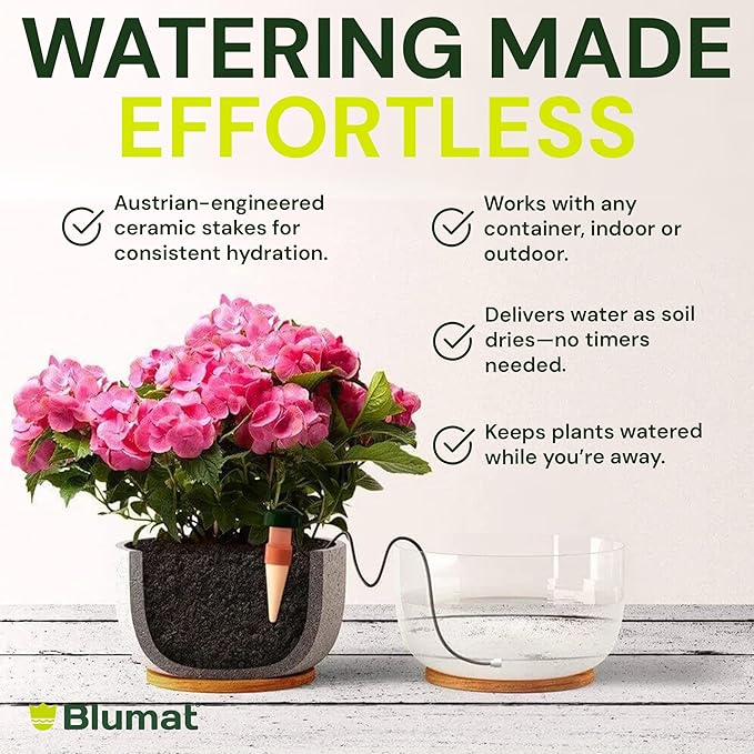 Blumat Classic Self-Watering Stakes - Automatic Drip Irrigation System for Indoor Plant Watering & Outdoor - Water Drip Solution for Potted Plants - Slow Release Stakes, 5 Pack, w Adapter