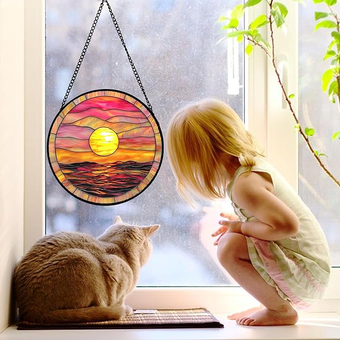 Stained Glass Window Hanging, Sunrise Sea Surface Sun Catchers Diamond Glass Panel Hangings Abstract Suncatcher Decor for Birthday for Women, Men, Wife, Aunt, and Mom 9.8 in