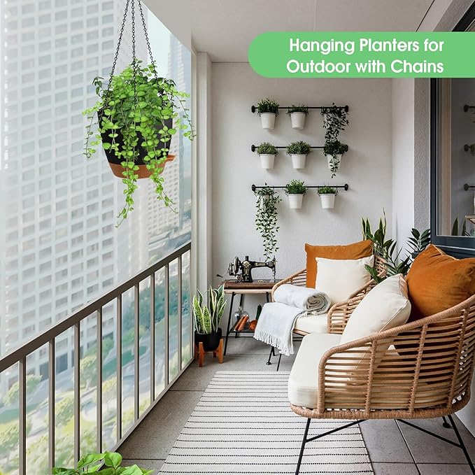 Hanging Planters for Indoor Outdoor Plants, 2 Pack Self Watering Hanging Pot with Drainage Holes, Removable Tray & 2 Kinds of Plant Hangers, 8'' Hanging Flower Pots for Home Garden Decor, Black