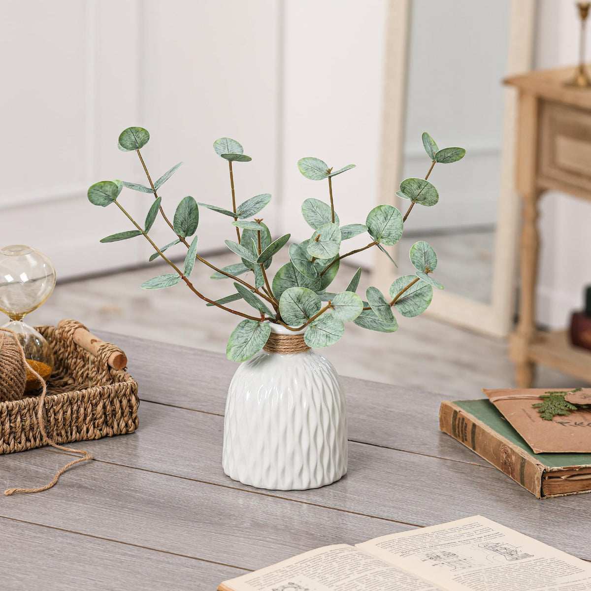 Fake Eucalyptus Plants 4 Stems in Ceramic Vase for Indoor Home Decor