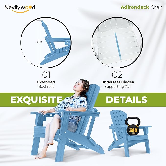 nevilywood Folding Adirondack Chair with Cup Holder,All-Weather Adirondack Chair,Patio Chair,HDPE-Wooden Textured Lawn Chair- Light Blue