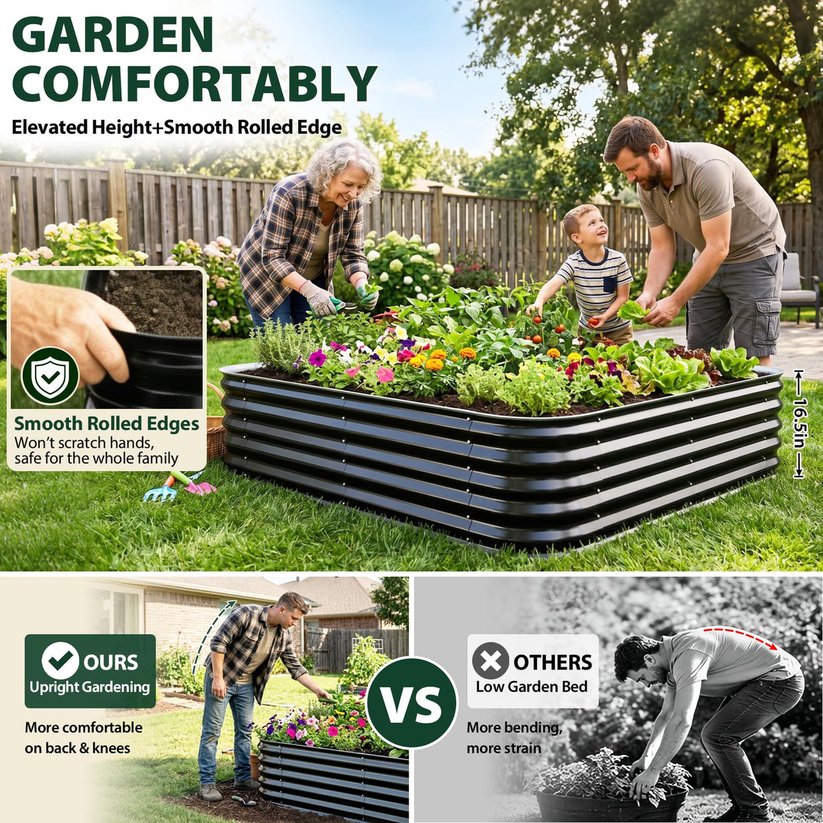 FCCRETA 16.5" Deep Raised Garden Bed 4x4 ft for Vegetables, Herbs & Flowers