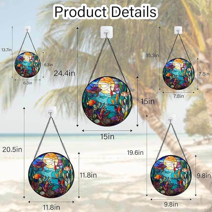 Stained Glass Window Hanging - Blue Ocean World Small Fish Coral Sun Catcher for Door Garden Home Decor Sea Suncatcher Christmas Mother's Day Birthday Gifts for Women Men Mom Nana 11.8 in
