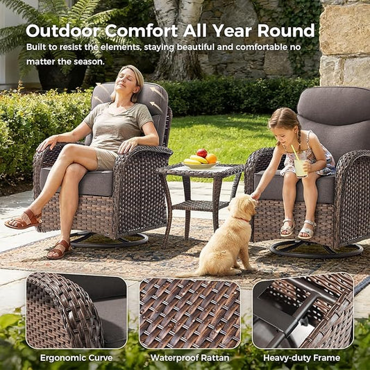 Luxury Patio Furniture Set with Swivel Chairs & 6-Inch Thick Cushions, Outdoor High Back Swivel Rocker Patio Chairs, 5PCS Wicker Outdoor Furniture Set for Porch, Yard, Deck, Poolside, Brown/Grey