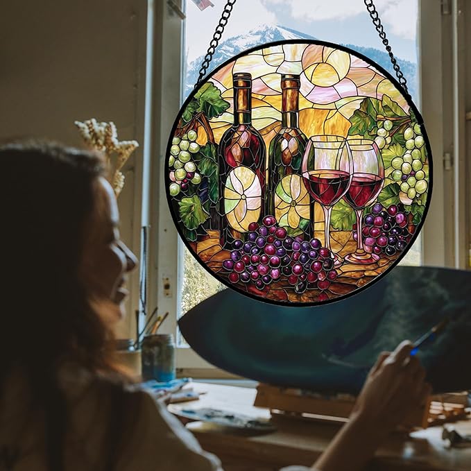 Stained Glass Window Hanging, Grapes and Wine Suncatcher Diamond Glass Panel Hangings Sun Catchers Decor for Birthday for Women, Men, Wife, Aunt, and Mom 14.9x14.9 in